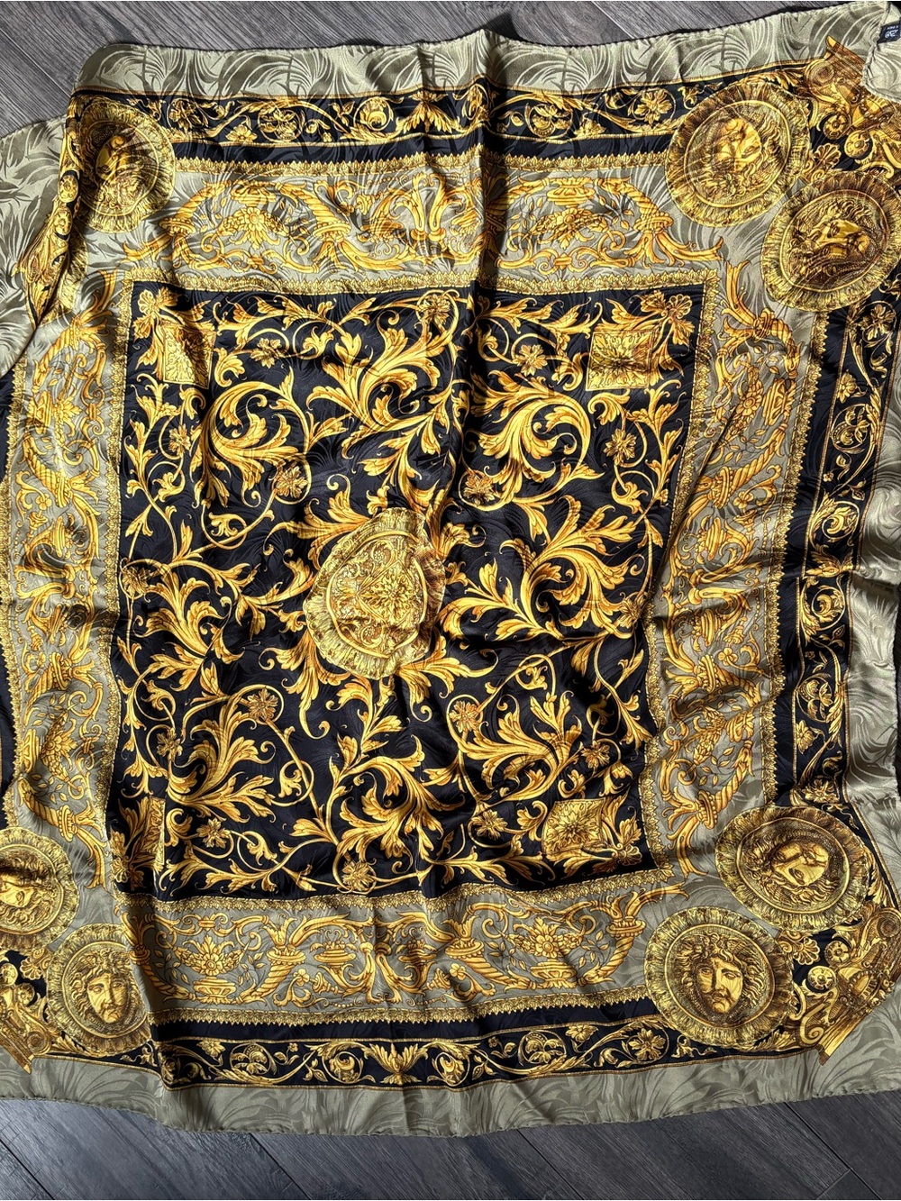 Baroque Medallion Silk Scarf in Black and Gold